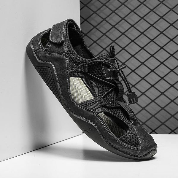 

sandals men's summer leather breathable men original luxury designer moccasins slippers, Black