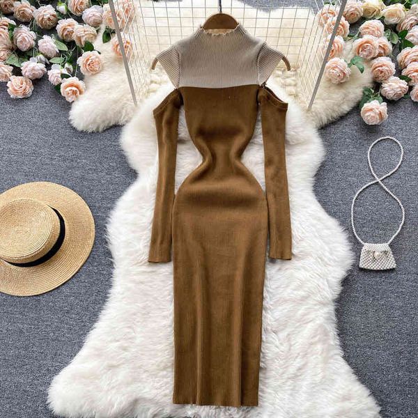 

casual dresses korean fashion temperament stand collar contrast stitching knitted dress off shoulder design feeling slim wrap hip skirt dcjd, Black;gray