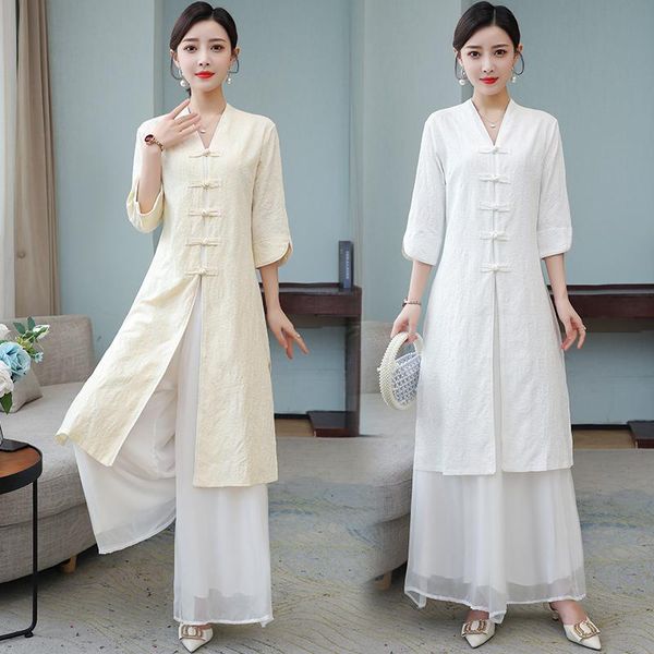 Roupas étnicas Mulheres jaqueta de linho longa roupão chinês tradicional retrô kungfu wushu tai chi te Teaísmo use roupas casuais vestido