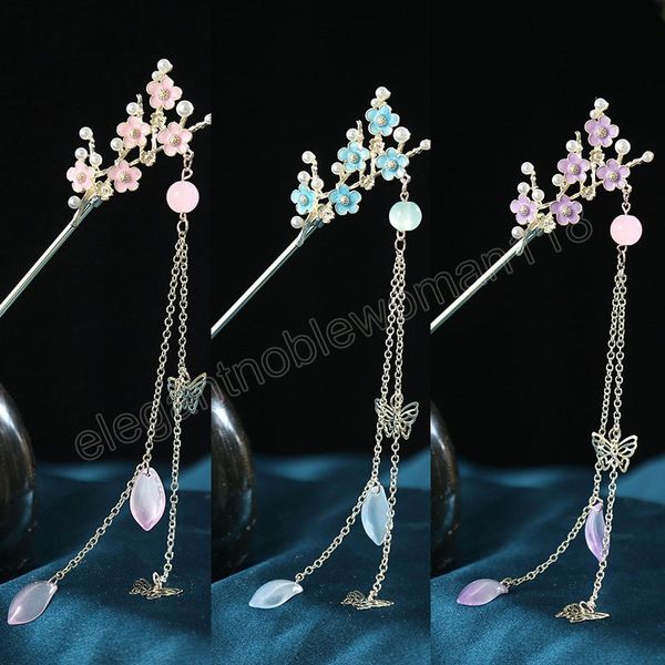 

vintage chinese style hair stick plum blossom rhinestone women hair fork long tassel metal hairpin woman hair clip accessories, Golden;silver