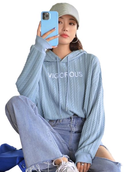 

dazy letter embroidery drop shoulder drawstring hoodie h8rq#, Black