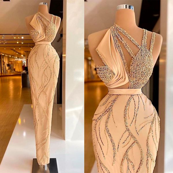 Sem mangas chiques deslumbrantes vestidos de noite de celebridades vestidos de formatura retos apliques de renda até o chão vestidos de festa formal feminino