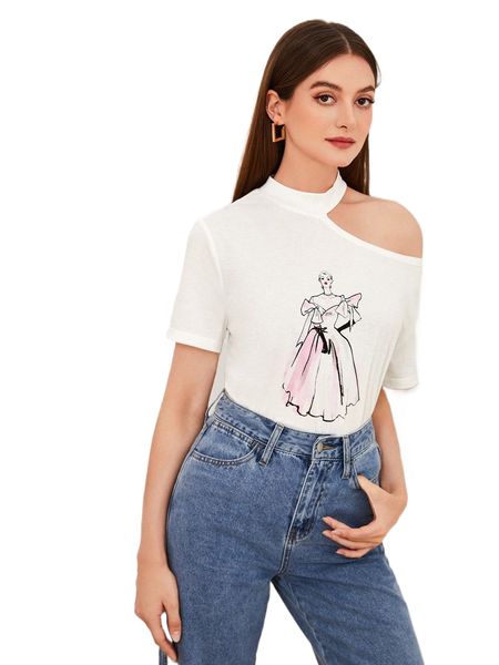 

figure graphic asymmetrical neck tee 92do#, White