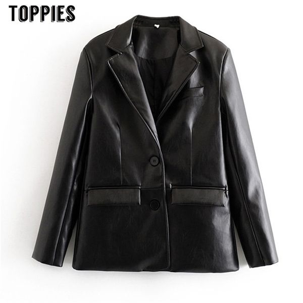 Autumn Winter Black Leather Jacket Office Button Sone Jacket Women High Street Motor Biker Style Coat LJ200813