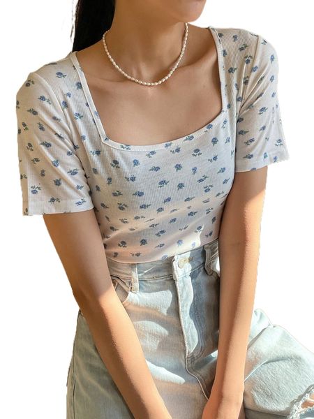 

dazy ditsy floral square neck crop tee l6gl#, White