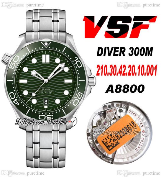 

vsf diver 300m a8800 automatic mens watch ceramics bezel green texture dial stainless steel bracelet 210.30.42.20.10.001 super edition puret, Slivery;brown
