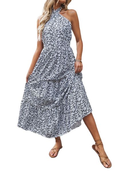 

all over print tie back halter dress d80g#, Black;gray