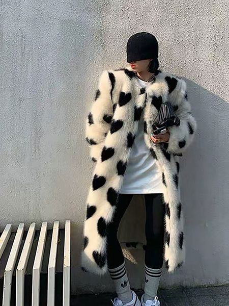 

long fur coat love print fake fur coat for women midi warm plush jacket female winter faux fur jacket clothes korea ladies t220716, Black