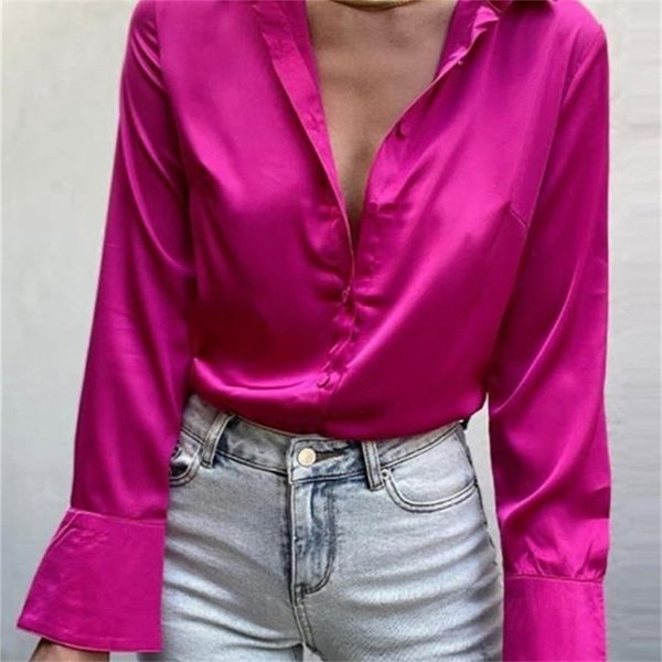 

silk satin women shirt elegant green button up loose office ladies shirts lapel spring summer long sleeve blouse 220419, White