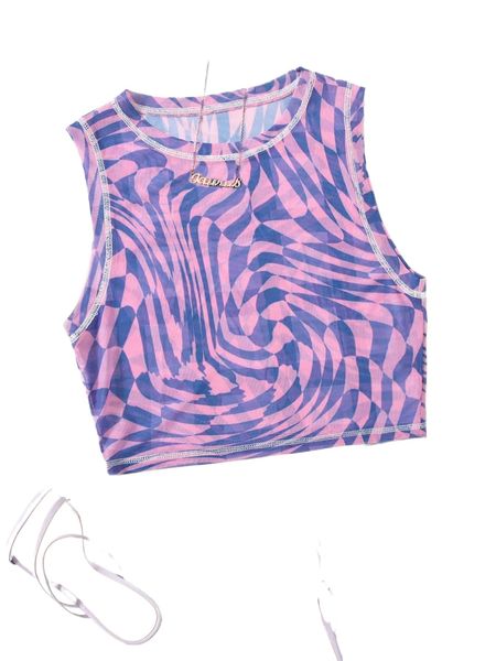 

geo print titching sleeveless mesh crop f0iy#, White