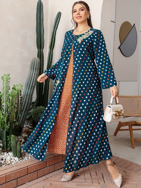 

plus ditsy floral & polka dot print appliques tunic dress t56e#, Black