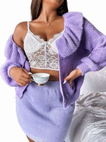 

plus ruffle trim raglan sleeve fuzzy cardigan n9cj#, Black