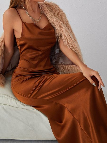 

draped front satin cami dress 52on#, Black;gray