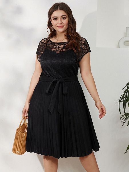 

plus lace insert pleated hem belted dress g8zy#, Black
