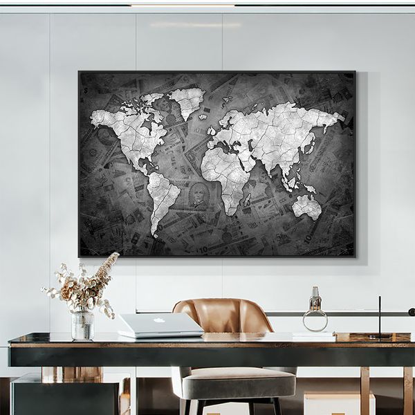 Черно -белая карта мира на холсте.