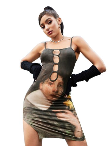 

figure graphic cut out detail cami bodycon dress d7pm#, Black;gray