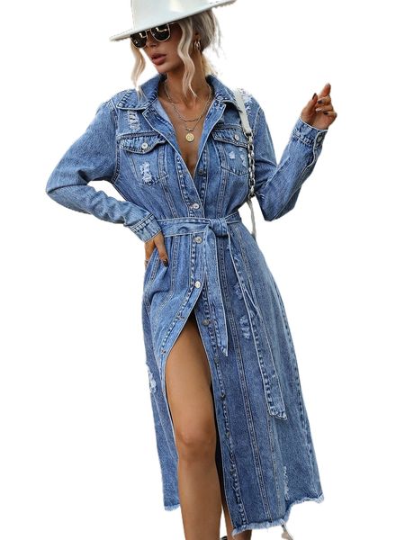 

ripped frayed hem single breasted belted denim coat s5nd#, Black;brown