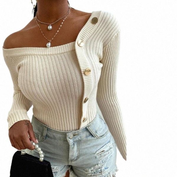 

women's t-shirt fashion women autumn blouse one shoulder ribbed buttons slim knit sweater y032#, White