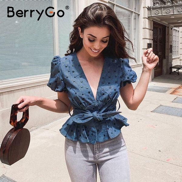 

berrygo vintage blue polka dot peplum women holiday beach summer shirt v neck bow sash buttons female blouses y200422, White