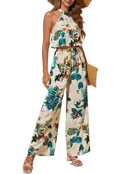 

tropical print halter & wide leg pants set 82b4#, White