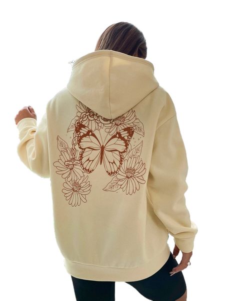

butterfly & floral print drop shoulder hoodie h7p9#, Black