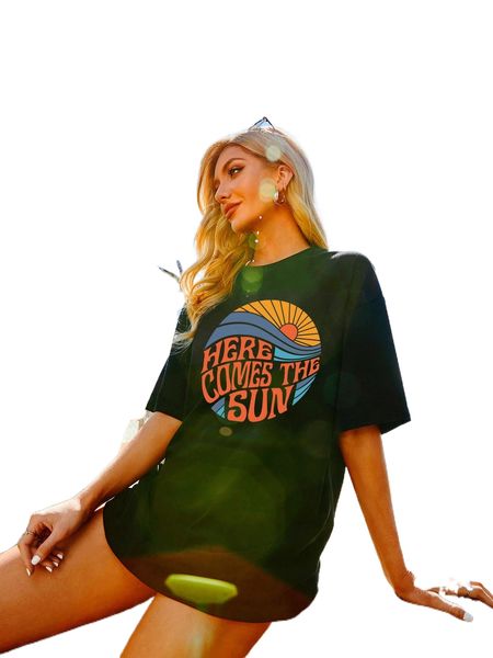 

sun & slogan graphic drop shoulder tee d0eh#, White
