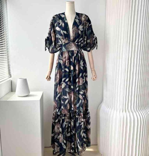 

casual dresses foreign trade original single light mature advanced artistic sense chiffon printing deep v-neck open back high waist large sk, Black;gray
