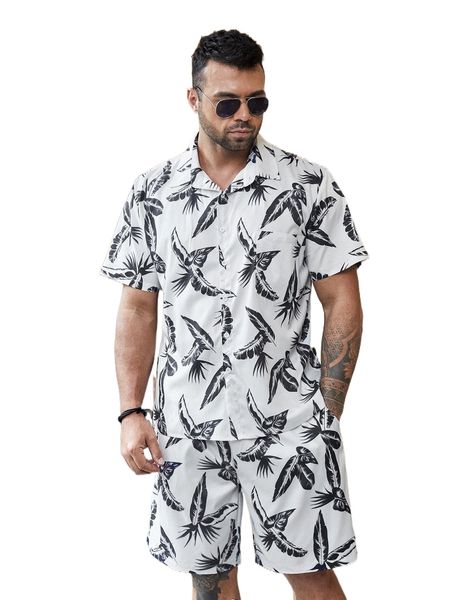 

men allover tropical print pocket patched shirt & shorts q3se#, Gray