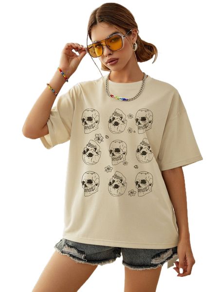 

skull & floral print drop shoulder tee 05bo#, White