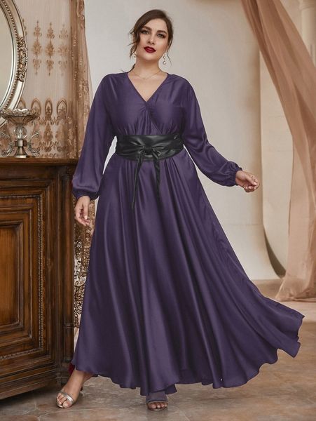 

plus surplice neck lantern sleeve belted satin dress w0ws#, Black