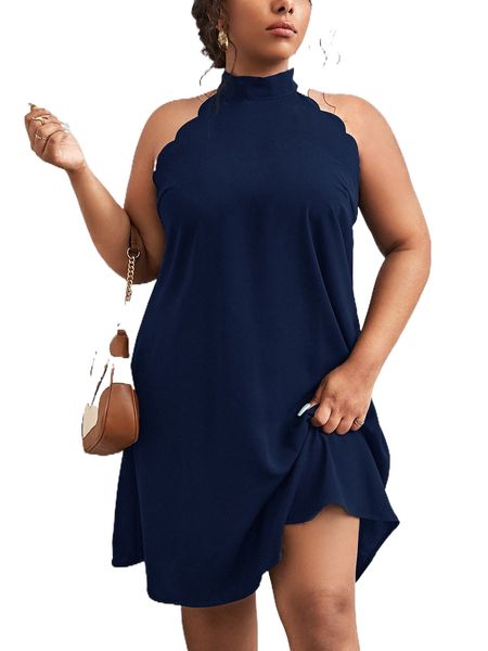 

plus scallop trim halter neck tunic dress 70qr#, Black