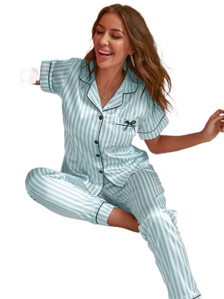 

striped print contrast binding satin pj set u5yy#, Black;red