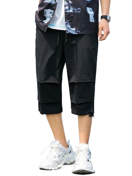 

men drawstring hem fold pleated slogan graphic capri pants d3rr#, Black