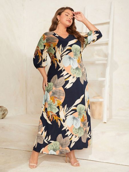 

plus tropical print lantern sleeve tunic dress i0fs#, Black