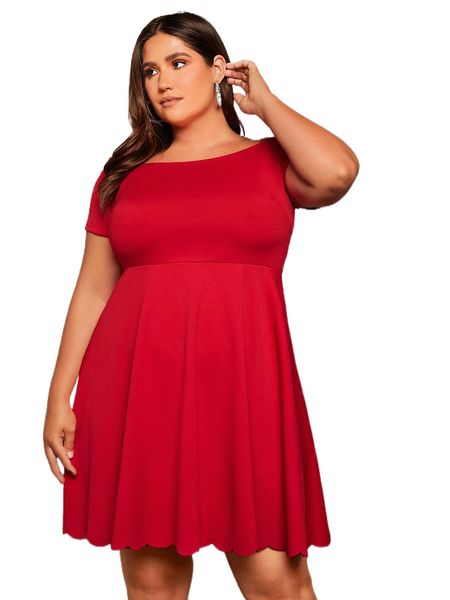 

plus scallop trim off shoulder dress 10ti#, Black