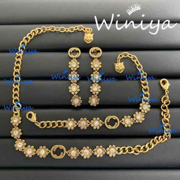 

factory outlet necklace new letter diamond inlaid flower neck chain bracelet earrings temperament fashion jewelry set, Silver
