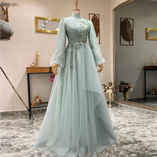 Hellblaues A-Linien-Abendkleid für Damen, Stehkragen, formell, elegant, Perlenstickerei, Blumen, Spitze, Tüll, muslimische Ballkleider, langes Ballkleid mit Ärmeln