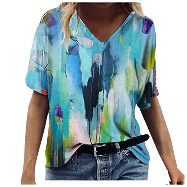 

women's summer abstract painting printed short sleeve v neck t-shirt casual tee lightweight tunic baggy blouses blue 47vi#, White