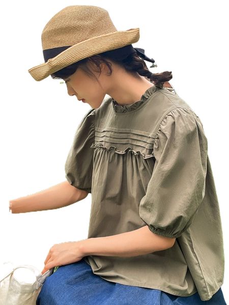 

dazy puff sleeve frilled press crease detail blouse q2fn#, White