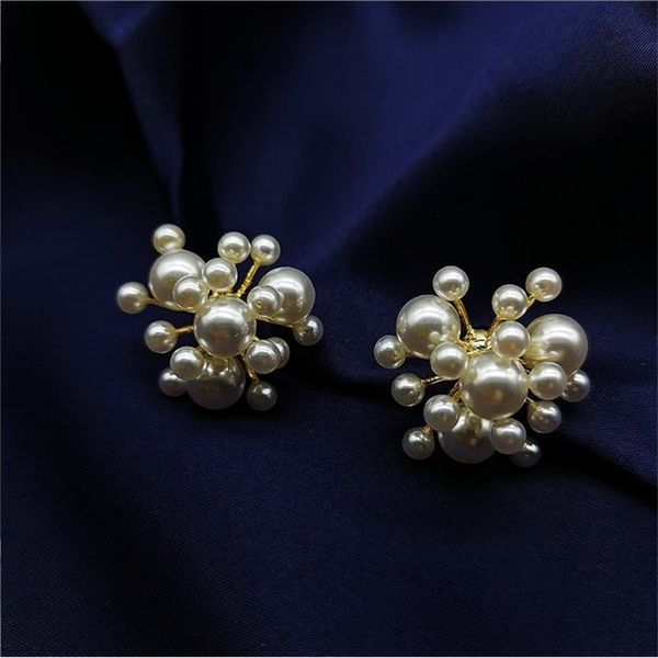 

s925 needle stud new korean version large pearl flower earrings silver jewelry exaggerated simple high-end jewel, Golden
