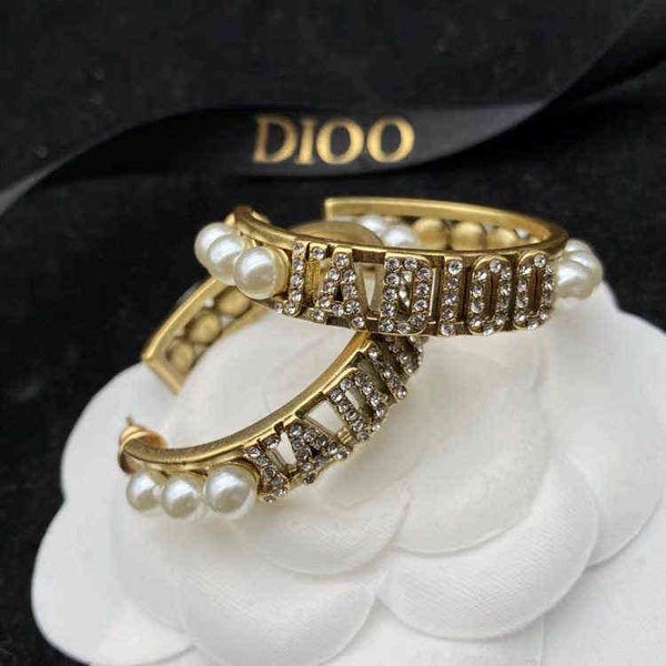 

jewel pearl diamond inlaid letter earrings old punk female bead earrings, Golden
