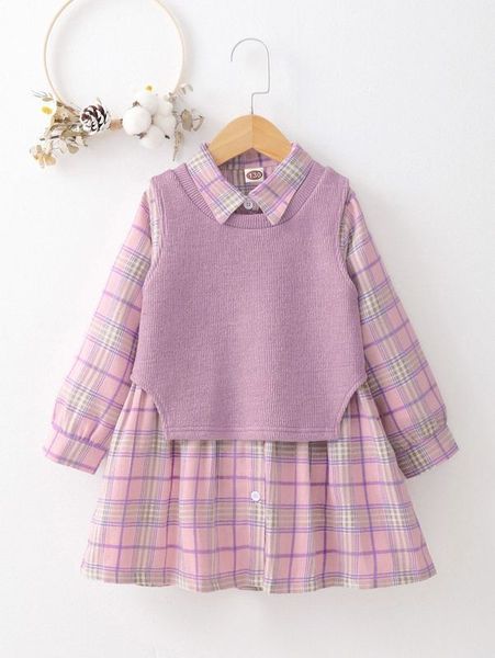 

girls asymmetrical hem vest & plaid print shirt dress she, White