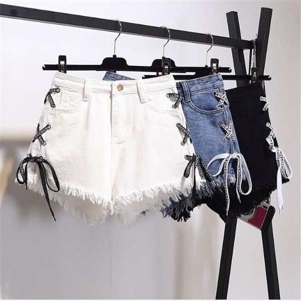 

gaoke summer women denim shorts black high waist ripped short jeans femmen side lace up bandage shorts y200512, White;black