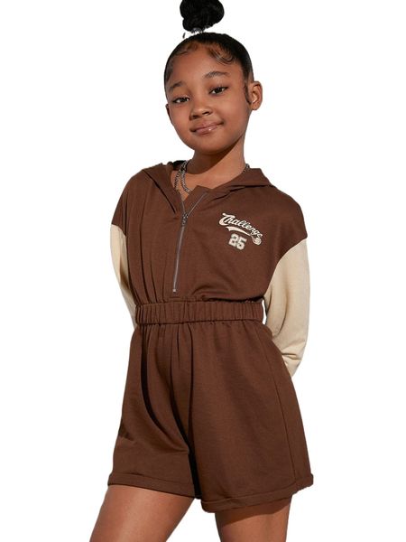 

girls letter graphic drop shoulder hooded romper d4eo#, White;black