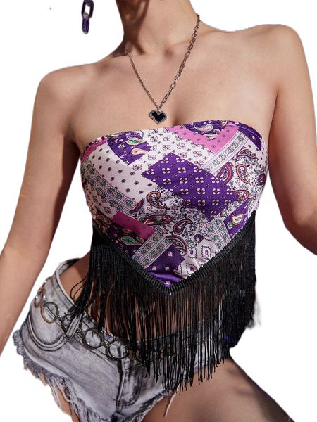 

patchwork print tie back fringe trim tube w9x4#, White