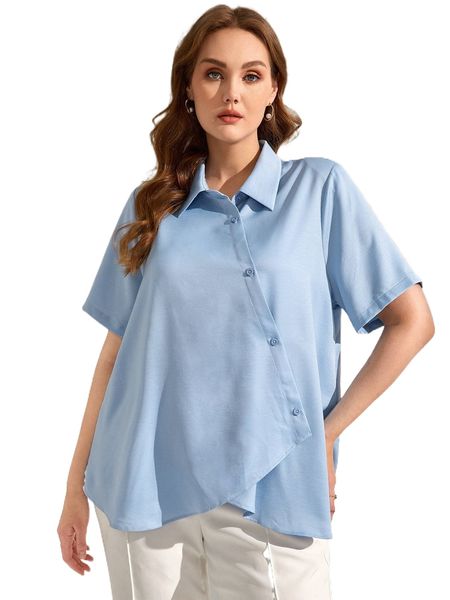 

plus button up solid blouse z1rm#, Black