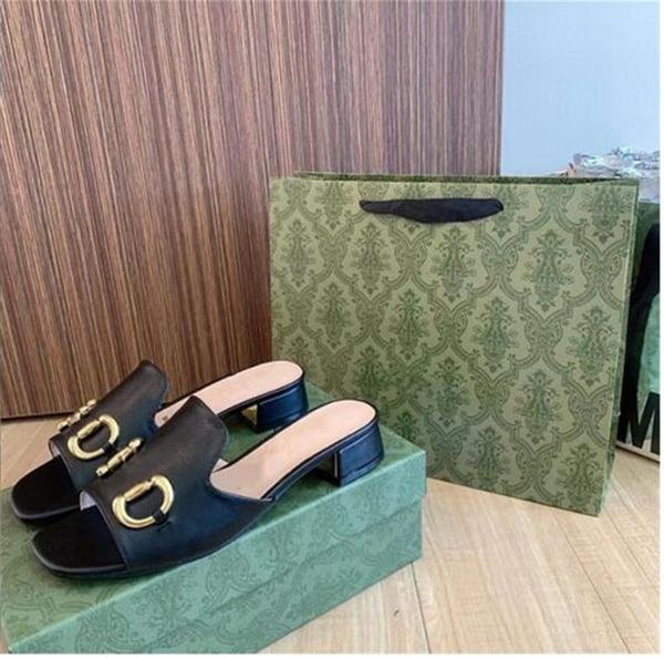 

classic women slippers designer luxury womens for sandal fashion leather metal buckle leather slides beach slipper outdoor party sandals 35-, Black