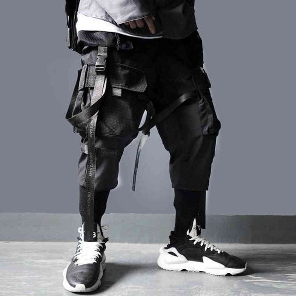 

men jeans ribbons multi pockets cargo pants harajuku casual track trouser streetwear techwear joggers cyberpunk men's clothes 22 1222, Black