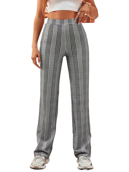 

tall plaid print high waist pants d4aj#, Black;white