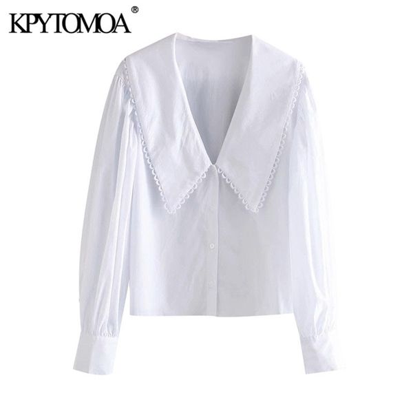 Kpytomoa Moda doce com acabamento embelezado Blouses soltas Button -up de manga longa vintage camisetas femininas chiques 210401